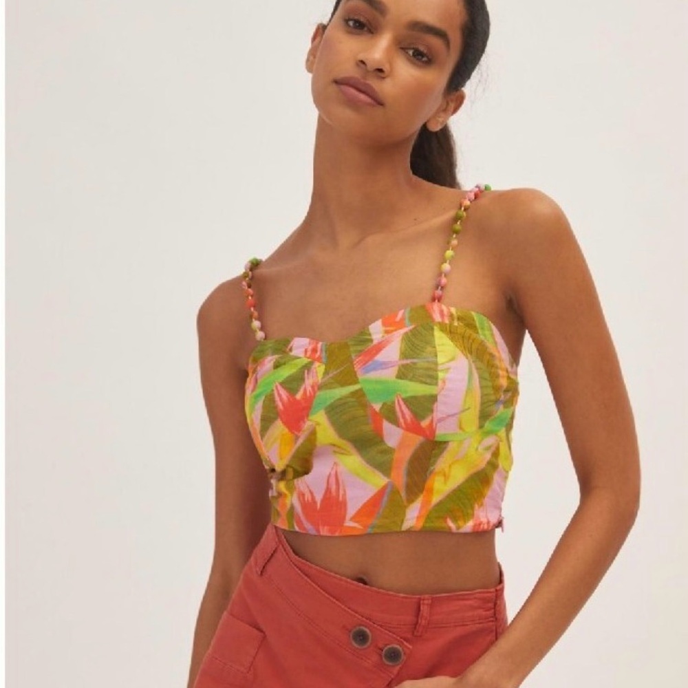 FARM Rio x Anthropologie Tropical  Bustier Top in Pink Bananna Leaf Print NWT L